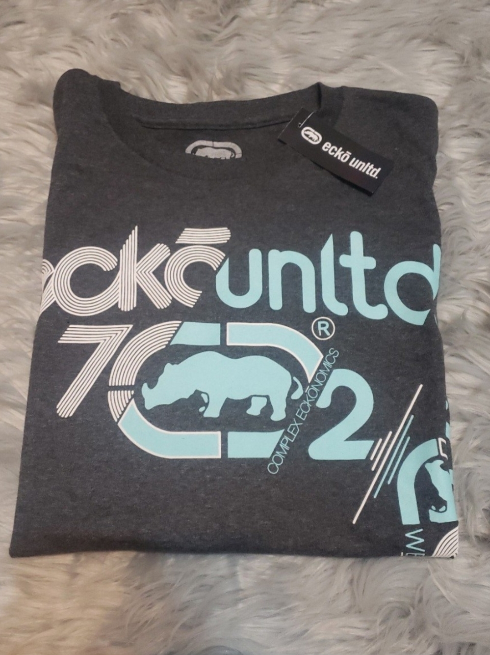 Ecko Unlimited Charcoal Short Sleeve Tee with Aqua Graphic Rhino- XL